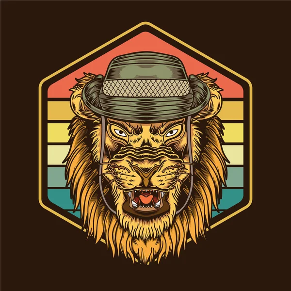 Retro Vintage Sunset Lion Vestindo Chapéus Safari Ilustração Adequada Para — Vetor de Stock