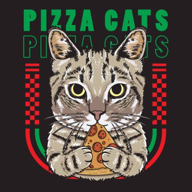 Vektör illüstrasyonu havalı kedi elinde pizza düz çizgi film stili poster, el ilanı, tebrik kartları, çıkartma, sosyal medya ve tişört tasarımı için uygun