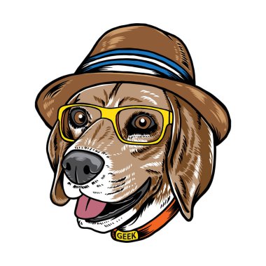 Havalı hippi inek av köpeği hayvan vektör illüstrasyonu. Beyaz arka planda izole edilmiş. Poster, broşür, tebrik kartı, çıkartma, sosyal medya ve tişört tasarımı için elverişli