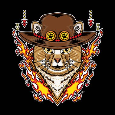 Hasır şapka takan kedinin siyah arka planda ateş elementi vektör çizimi var.