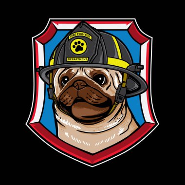 Siyah arka planda antika itfaiye tipi Pug Dog çizgi filminin vektör grafik logosu. İkona, maskota, rozete, ambleme, afişe, afişe, ilana, sosyal medya paylaşımına, gömleğe iyi gelir.