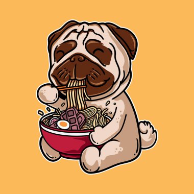 Pug dog çizgi filminin vektör grafik çizimi izole edilmiş arka planda klasik Japon yapımı erişteli ramen yiyor. Logo, maskot, rozet, amblem, afiş, poster, broşür, sosyal medya, gömlek için iyi