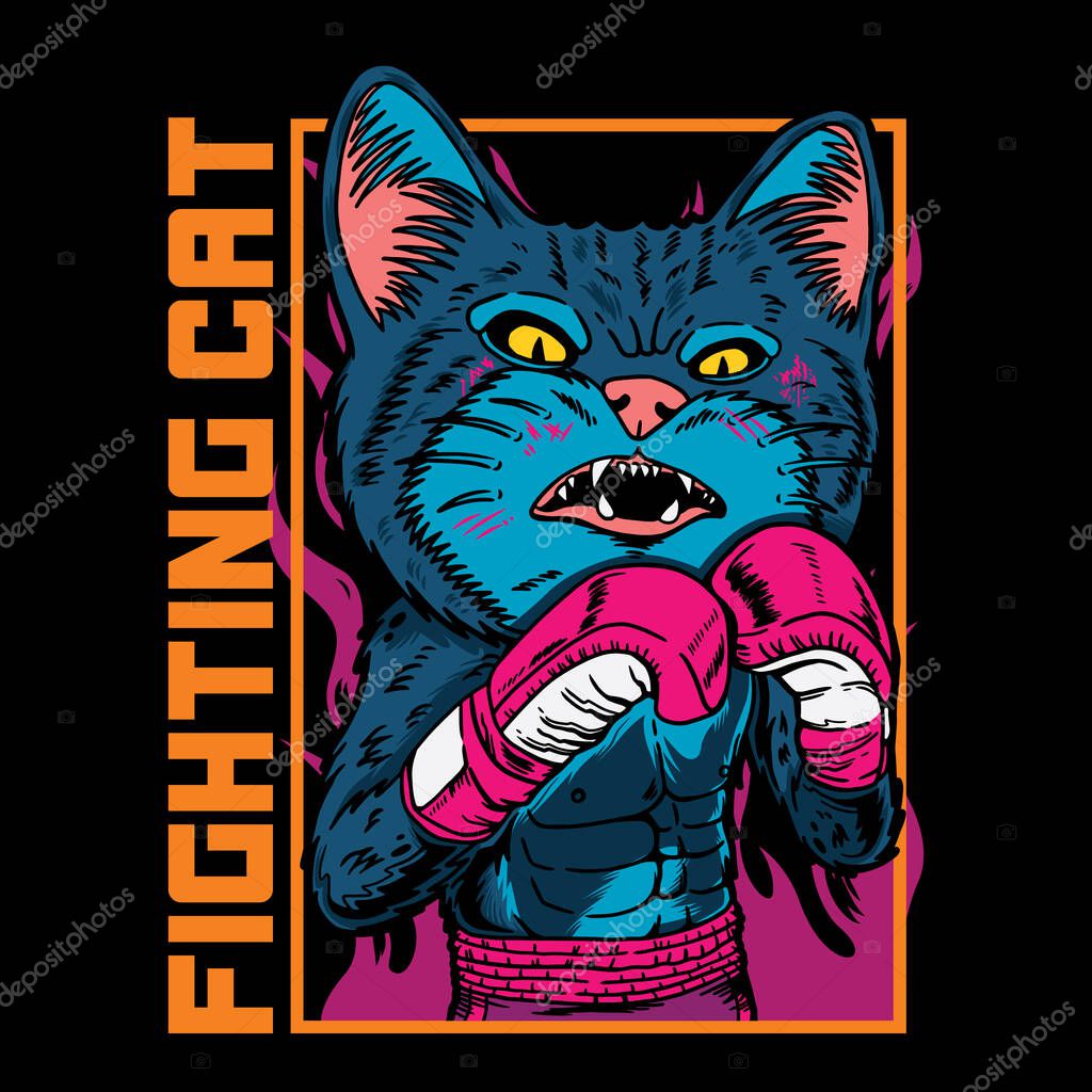 Vector graphic Illustration of cat boxer cartoon with vintage retro street boxing style in black backround. Good for logo, mascot, badge, emblem, banner, poster, flyer, social media, shirt