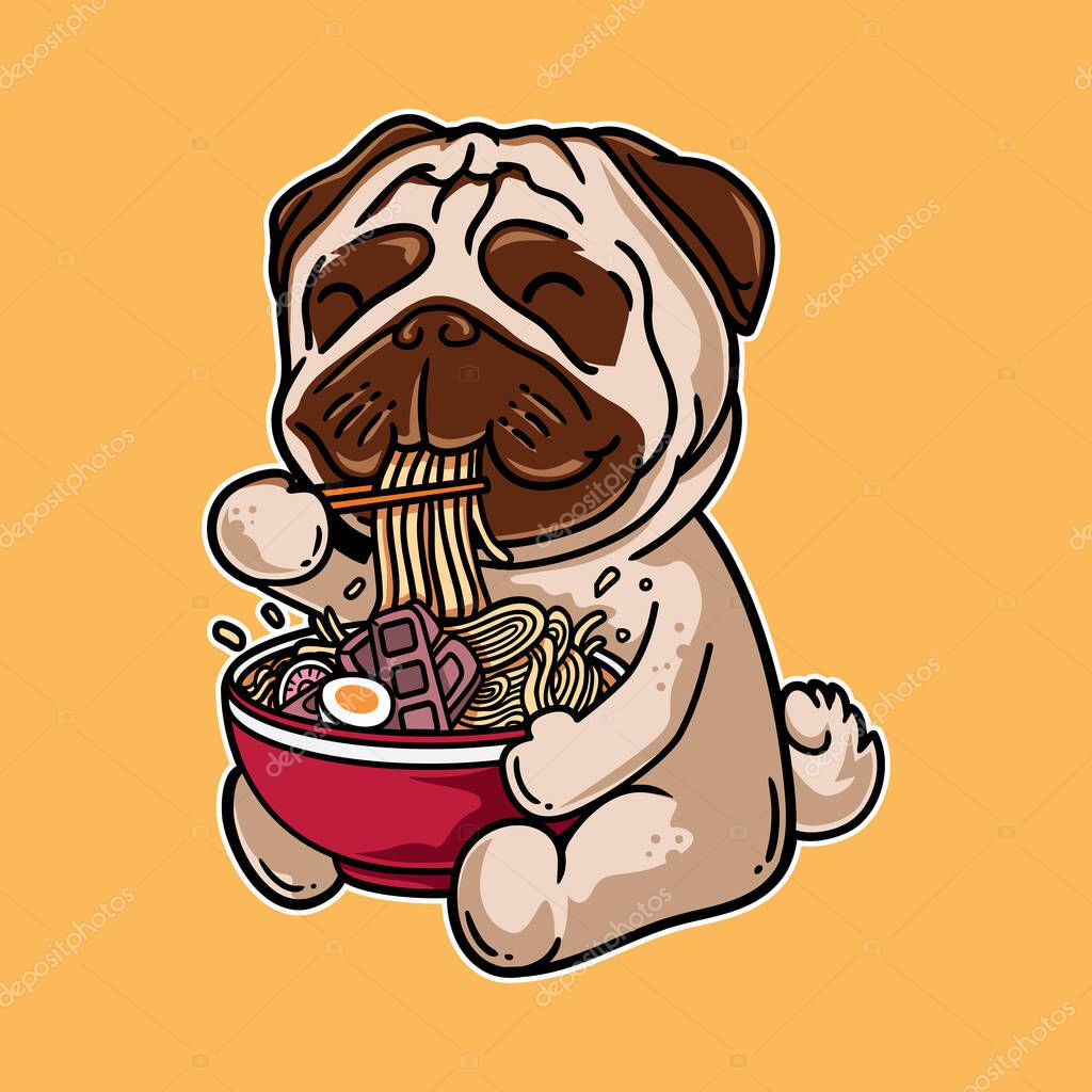 Vector graphic Illustration of pug dog cartoon eat ramen noodle with vintage retro japanese in isolated background. Good for logo, mascot, badge, emblem, banner, poster, flyer, social media, shirt