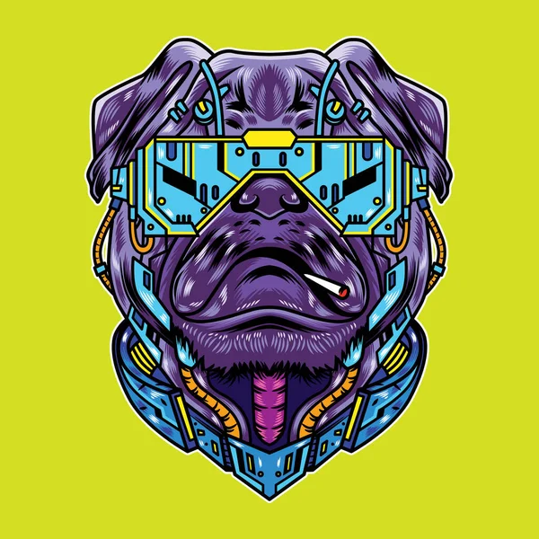 Ilustração Vetorial Cão Pug Com Estilo Desenho Animado Cyberpunk Futurista — Vetor de Stock