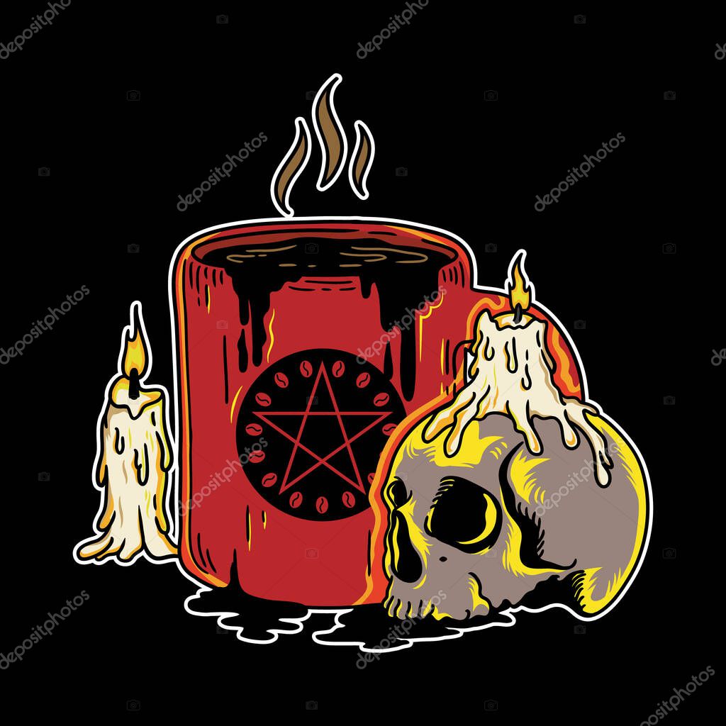 Vector Illustration of halloween coffee skull with vintage retro cartoon style in black background. Good for logo, background, t shirt