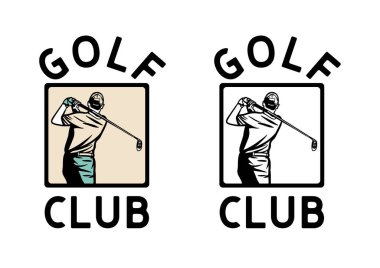 Golfçü adamın golf sopalarını salladığı logo tasarımı golf sopası klasik ve siyah beyaz çizimler.