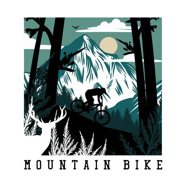 Vektor Illustration Mountainbike Mit Berglandschaft Und Mann Fährt Mountainbike Flach — Stockvektor