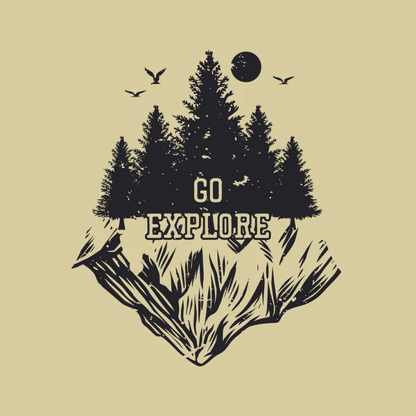 Shirt Design Explore Mountain Forest Scenery Flat Illustration — Wektor stockowy