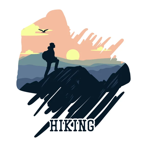 Vector Illustration Hiking Hiker Mountain Scenery Flat Illustration — 스톡 벡터