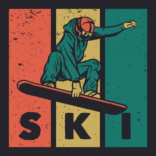 Shirt Design Pray Snow Man Playing Ski Vintage Illustration — ストックベクタ