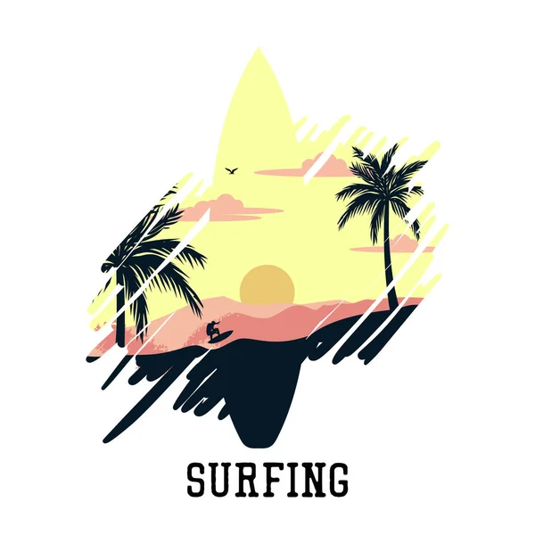 Vector Illustration Surfing Scenery Man Surfing Beach Wave Flat Illustration — Vetor de Stock