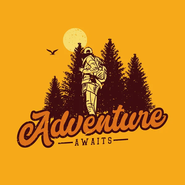 t shirt design adventure await with woman hiking vintage illustration