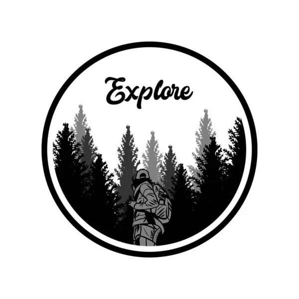 Shirt Design Explore Scenery Forest Vintage Hiking Woman Vintage Illustration — 图库矢量图片