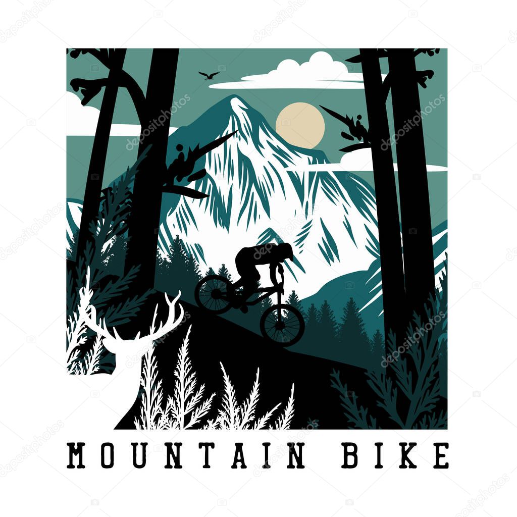 vector illustration mountain bike with mountain area scenery and man riding mountain bike flat illustration