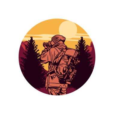 vektör yürüyüşü yapan bir adam fotoğraf makinesiyle düz bir illüstrasyon yapar.