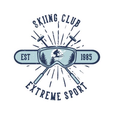 Tişört tasarımı kulübü ekstrem spor. 1985 'te kayak malzemeleri ve klasik illüstrasyonla birlikte.