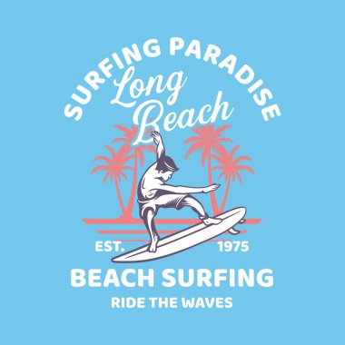 Tişört tasarımı cennette sörf yapıyor. Uzun kumsalda. 1975 plajında sörf yapıyor.