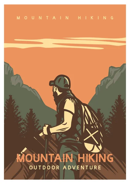 Poster Design Mountain Hiking Outdoor Adventure Man Hiking Vintage Illustration — Stockvector