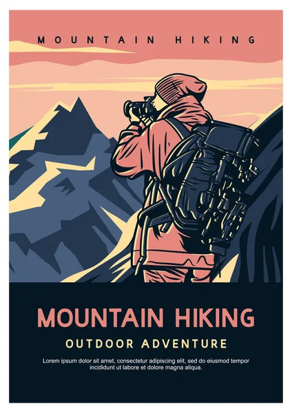 海报设计高山徒步旅行与徒步旅行的男子采取照片老式插图 — 图库矢量图片
