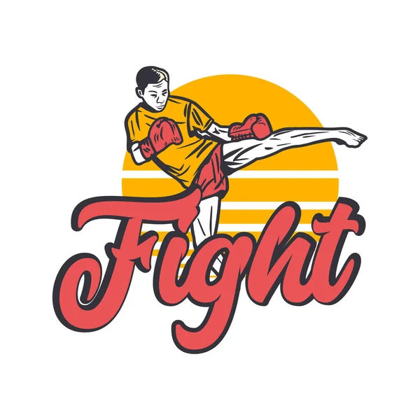 ムエタイの武道家がヴィンテージイラストを蹴るロゴデザインの戦い — ストックベクタ