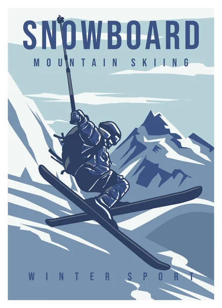 Плакат Дизайн Сноуборда Горные Лыжи Зимний Спорт Человеком Лыжах Снегу — стоковый вектор