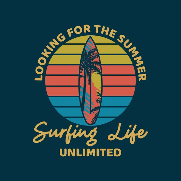Дизайн Логотипу Пошуках Літнього Життя Серфінгу Обмежень Плоскою Ілюстрацією Дошки — стоковий вектор