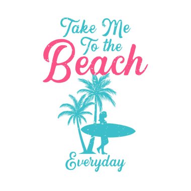 Tişört tasarımı beni her gün plaja götürüyor. Palmiye ağaçları üzerinde sörf tahtası taşıyan bir kadınla.