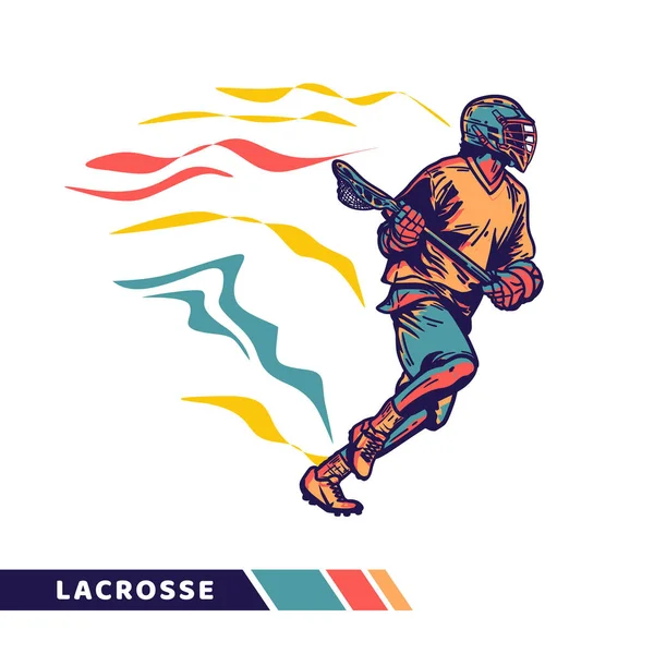 Vector Illustration Man Running Holding Lacrosse Stick Playing Lacrosse Motion — Stock Vector