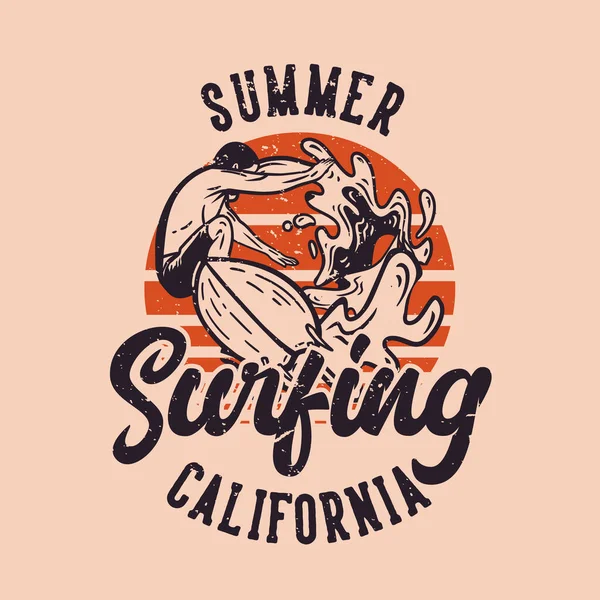Shirt Design Estate Surf California Con Uomo Facendo Surf Vintage — Vettoriale Stock