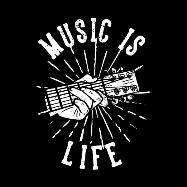 Shirt Design Slogan Typographie Musique Est Vie Avec Guitare Jouer — Image vectorielle