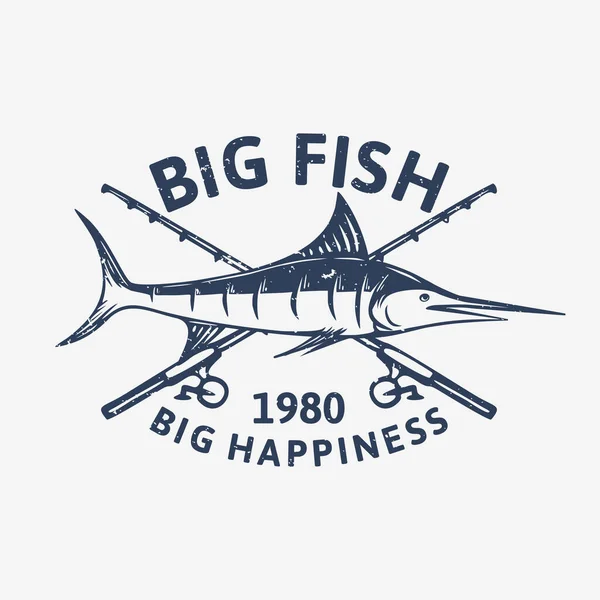 Logo Tasarımı Büyük Balık Büyük Mutluluk 1980 Kılıçbalığı Vintage Illüstrasyon — Stok Vektör