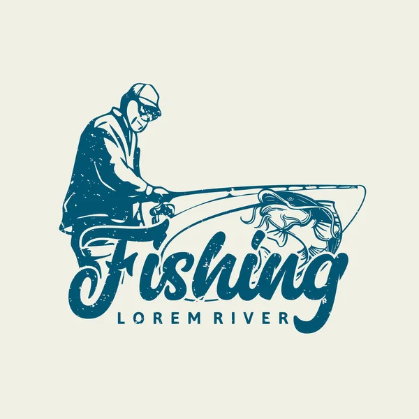 Logo Ontwerp Visserij Rivier Met Visser Vintage Illustratie — Stockvector