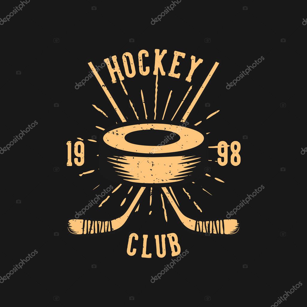 T shirt design hockey club 1998 with hockey puck and hockey stick vintage illustration