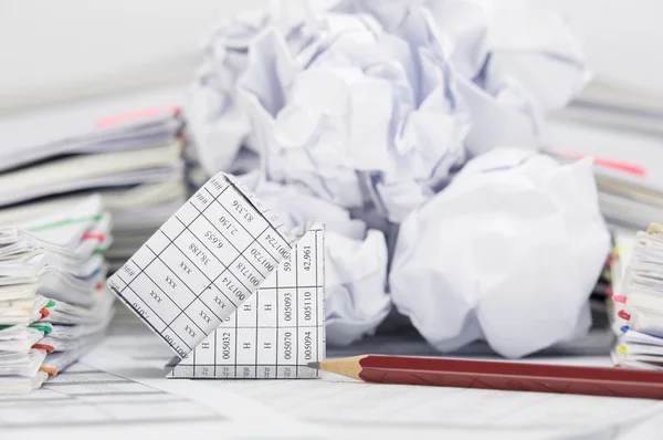 Close up bankruptcy house have blur stack paper ball — Stock Photo, Image