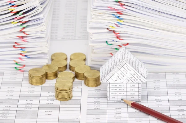 Close up house and pencil with coins have dual document — Stock Photo, Image