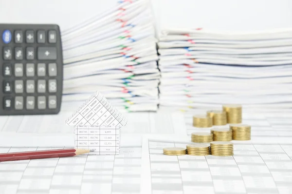 House and brown pencil with step pile of gold coins — Stock Photo, Image