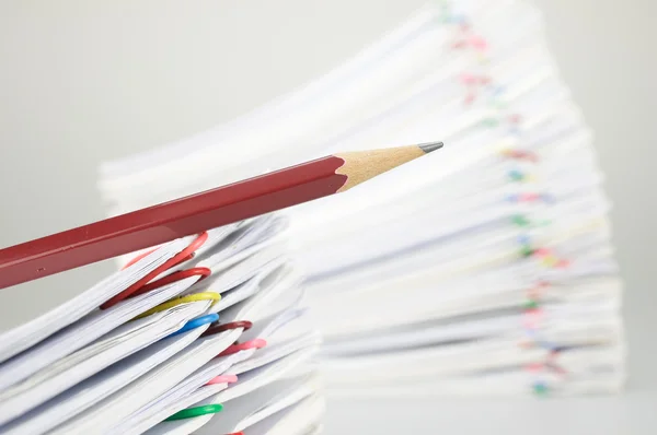 Close up pencil on document have blur pile overload paperwork — Stock Photo, Image