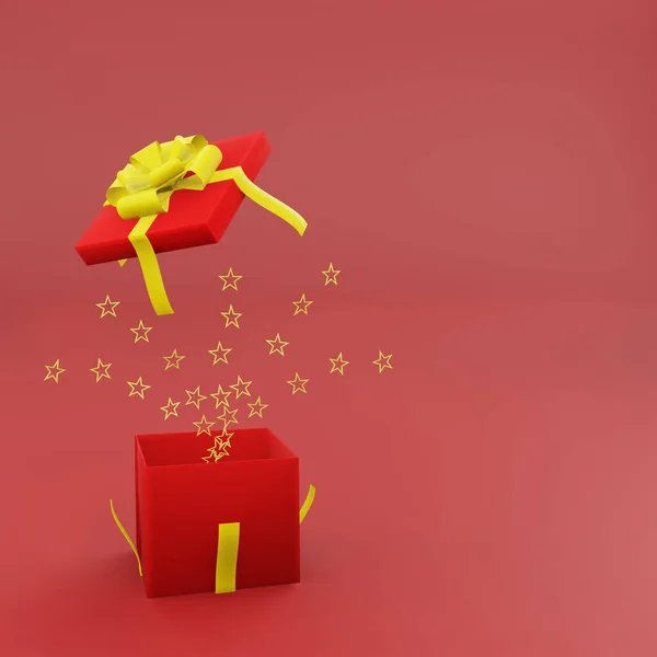 Open red gift box with golden ribbon and spread gold star on red background with copy space 3d render. Happy chinese new year and congratulation concept style.