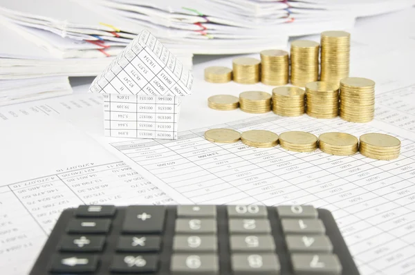 House and group step pile of gold coins — Stock Photo, Image