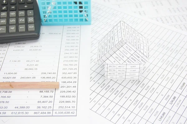 Bottom pencil with house have calculator and pen in basket — Stock Photo, Image