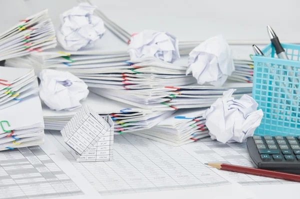 Bankruptcy of house and pencil with calculator and pen box — Stock Photo, Image