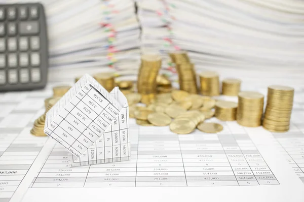 Bankruptcy of house with golden coins fall to the ground — Stock Photo, Image