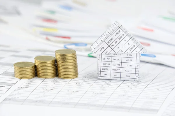 Close up house and step gold coins have blur paperwork — Stock Photo, Image
