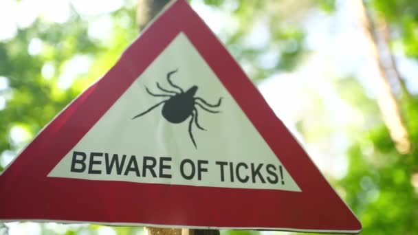 Warning sign "beware of ticks" in the forest — Stock Video