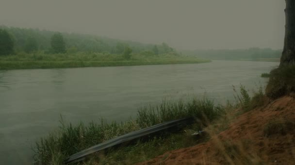 Einsames Kajak liegt im Gras am Flussufer am Regentag in der Nähe hoher Bäume — Stockvideo