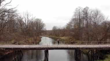 Renkli ormanda köprüde duran uzun saçlı çekici sarışın kız..