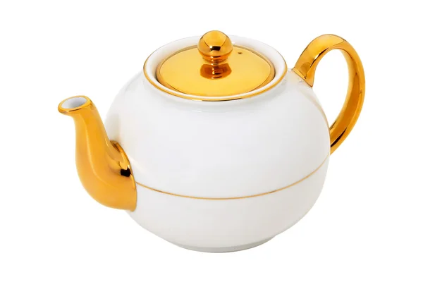 Witte theepot met goud geïsoleerd Stockfoto