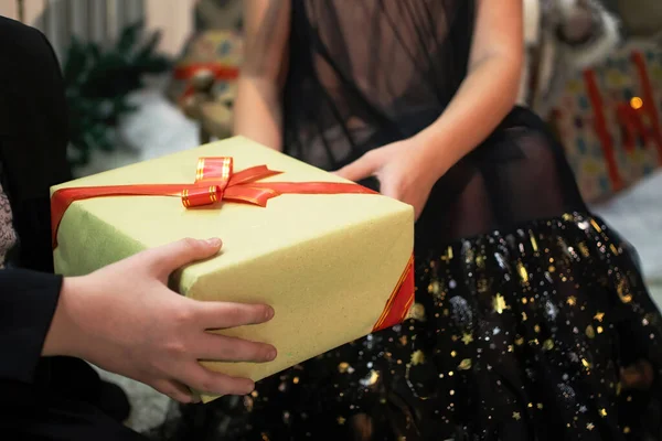 Boy Giving Christmas Gift Girl Close Children Hands Gift Box — Stock Photo, Image