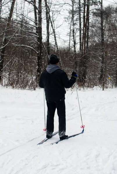 Moskova, Rusya 3 Ocak 2021: Yaşlı adam parkta kayak yapıyor. Ormanda kış aktiviteleri. — Stok fotoğraf